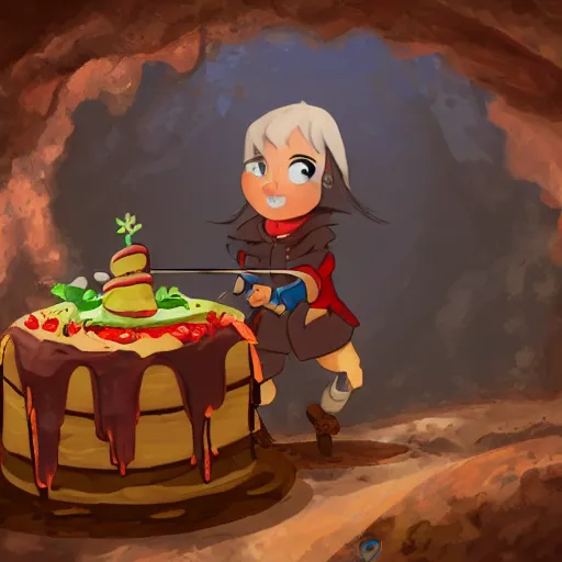 Prompt: an adventurer finding a cake in a dark mysterious cave