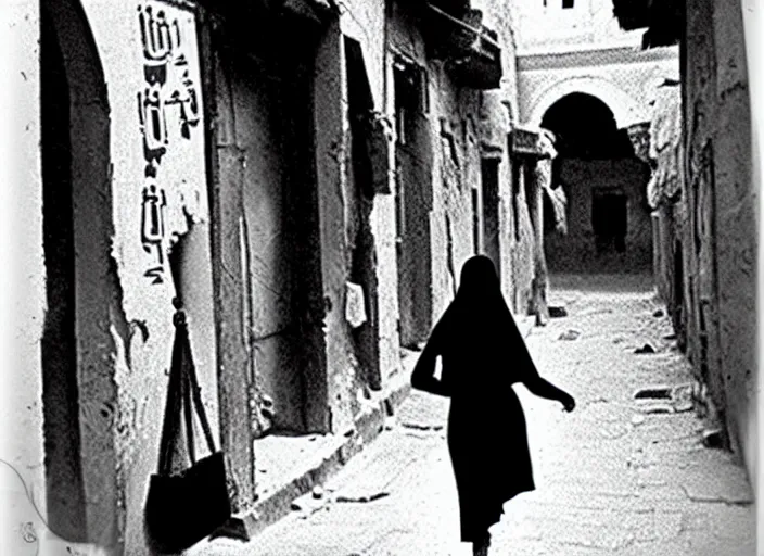 Prompt: cairo old streets, night life of 1 9 4 0, muizz street + egyptian muslim girl wearing egyptian hijab