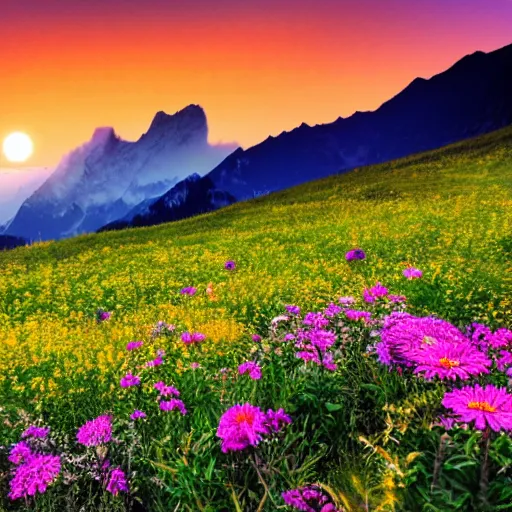 Prompt: flower blooming a moon in the alps at sunset in the summer