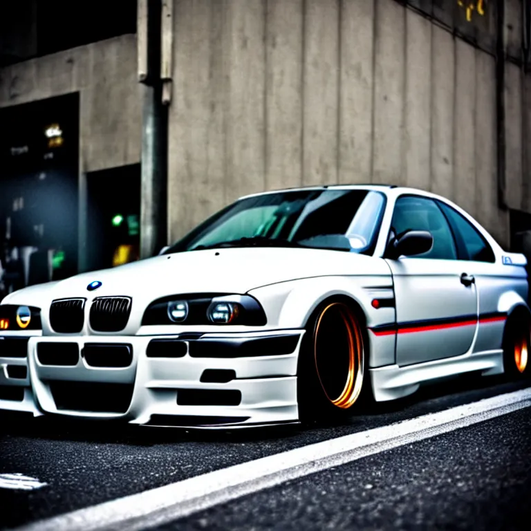 Image similar to close-up-photo BMW E36 turbo illegal meet, work-wheels, Shibuya shibuya shibuya, roadside, cinematic color, photorealistic, high detailed deep dish wheels, highly detailed, custom headlights, neon underlighting