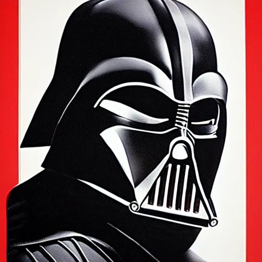 Prompt: A German Expressionist film poster of a face split between Darth Vader and Anakin Skywalker; two tone, black and red; photorealistic