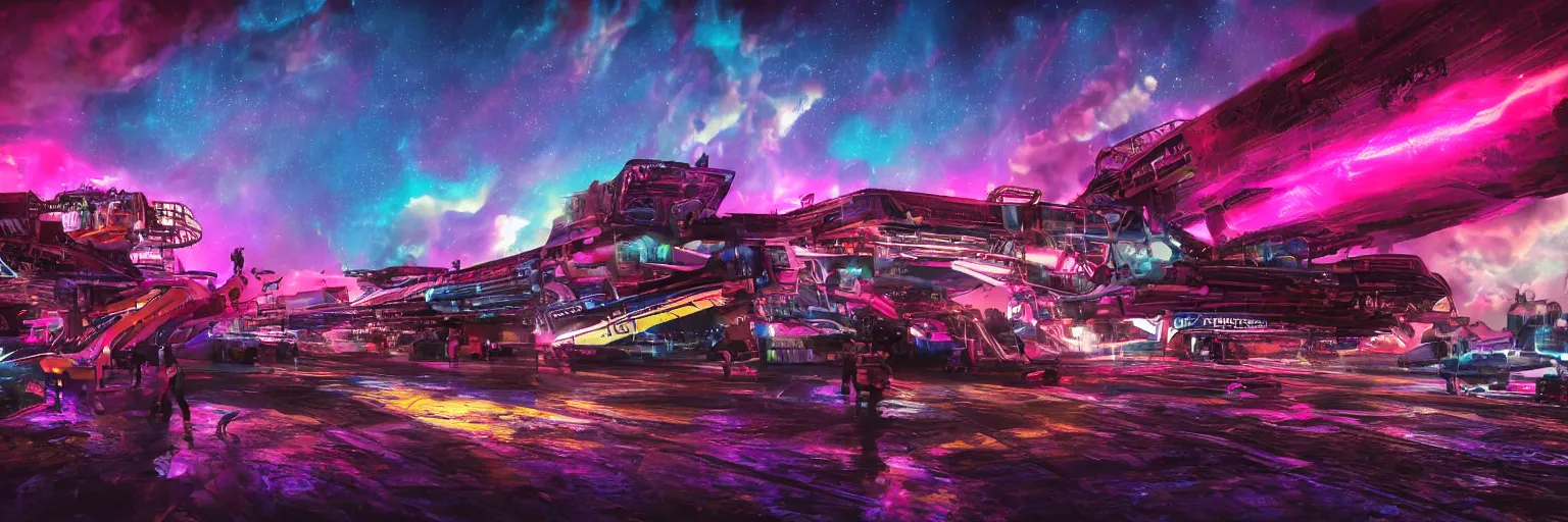 Image similar to spase dogs running with neon mohawks, space, dark, stars, pink, oil painting, pirate neon ship with punks on board, neon, rich deep colors masterpiece, ultra detailed, contrast, lots of roman arches, clouds, sky, volumetric light, atmospheric lighting, dramatic, cinematic, moody, octane render 4 k, 8 k