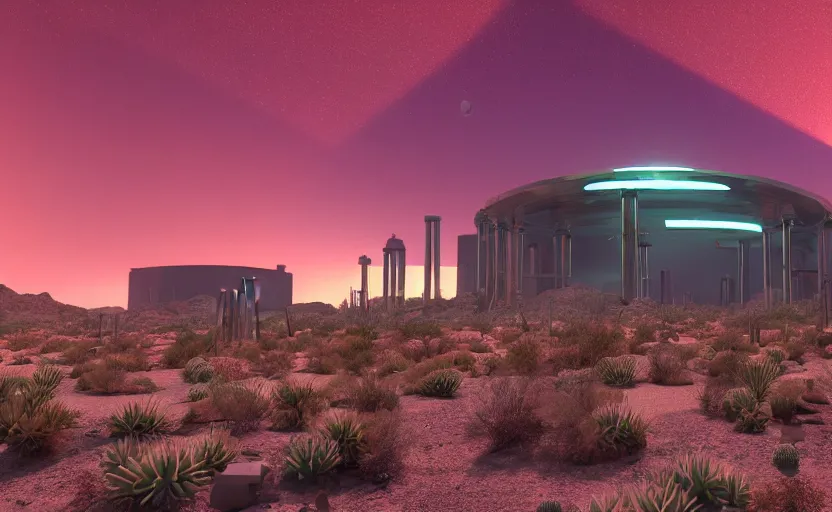 Image similar to a beautiful render of a sci - fi scientific industrial facility localized in a desert cave, cacti, patches of yellowish - red - magenta sky, sunset lighting, detailed, hazy, dry, volumetric lighting, god rays, 8 k, photorealistic, raytracing effects, rtx on