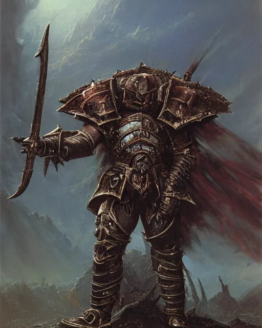 Image similar to a heavily armoured warhammer chaos warrior, by Thomas Cole and Wayne Barlowe