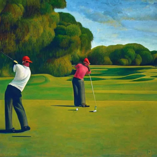 Image similar to Three golfers on a beautiful golf course driving range, by Diego Rivera