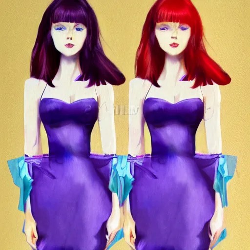 Prompt: twins wearing a purple and blue dress, full body shot, red hair, highly detailed, digital painting, artstation, concept art, smooth, sharp focus, illustration