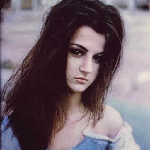 Image similar to photo of an atractive cool alternative bosnian woman in her early 20s. beautiful face. She has dark brown hair, dark thick eyebrows, brown eyes and shoulder long hair. kodachrome.