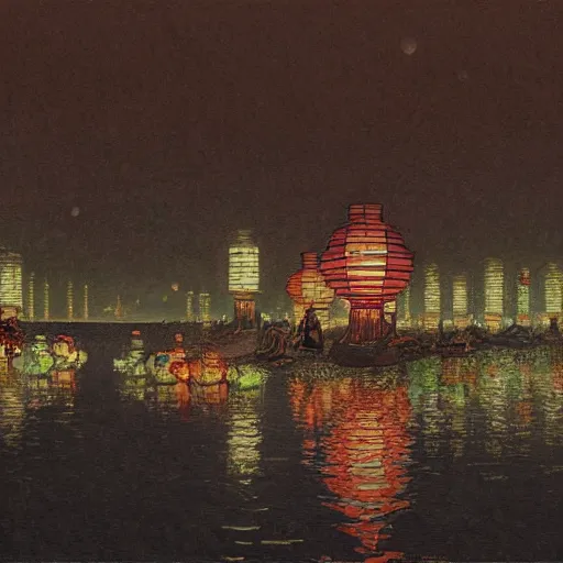 Prompt: concept art, river lanterns on the eve of ullambana festival, high resolution, by james gurney, katsushika hokusai, fujishima takeji, hiroshi yoshida, artstation