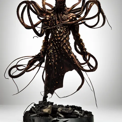 Image similar to All powerful Omnipotent, stunning beauty, young male, norse sun god, painted face, battle damaged, muscled torso, wearing golden robe of thin tentacles, wires, dystopian, dark ambience, in the style of Ashley Wood,
