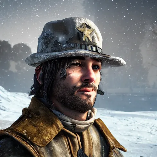 Prompt: A comic book style portrait painting of a male sheriff in a a post apocalyptic winter landscape, unreal 5, DAZ, hyperrealistic, octane render, RPG portrait, ambient light, dynamic lighting
