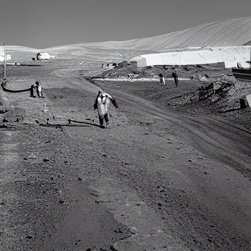 Prompt: moonwalker photo, city street on the moon, detailed image of the future norilsk base, lunar landscape