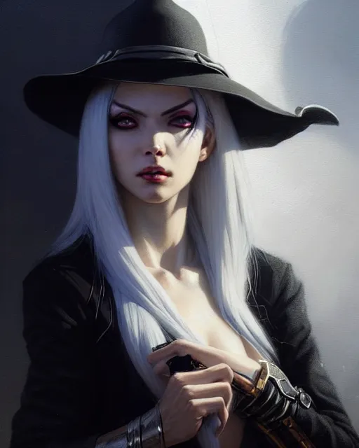 Prompt: ashe from overwatch, white hair, black hat, character portrait, portrait, close up, concept art, intricate details, highly detailed by greg rutkowski, michael whelan and gustave dore