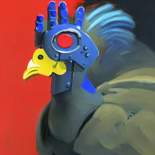 Image similar to a portrait of a robotic rooster wearing a hoodie, a highly detailed edward hopper painting, by adrian ghenie and gerhard richter. art by james gurney. masterpiece, flat surreal design with deep colours. 8 k. artstation