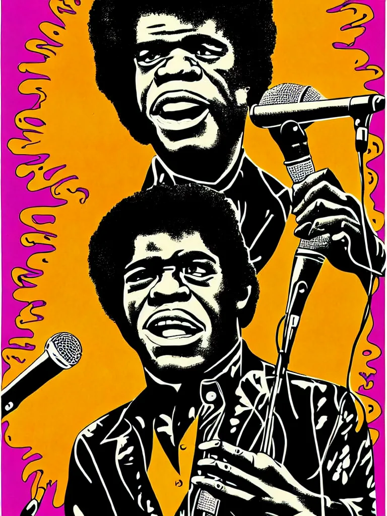 Prompt: psychedelic illustration, portrait of james brown holding a microphone, james brown 7 0 ’ s concert poster, highly detailed, colored illustration, “ superbad concert tour, 1 9 6 9 ”,