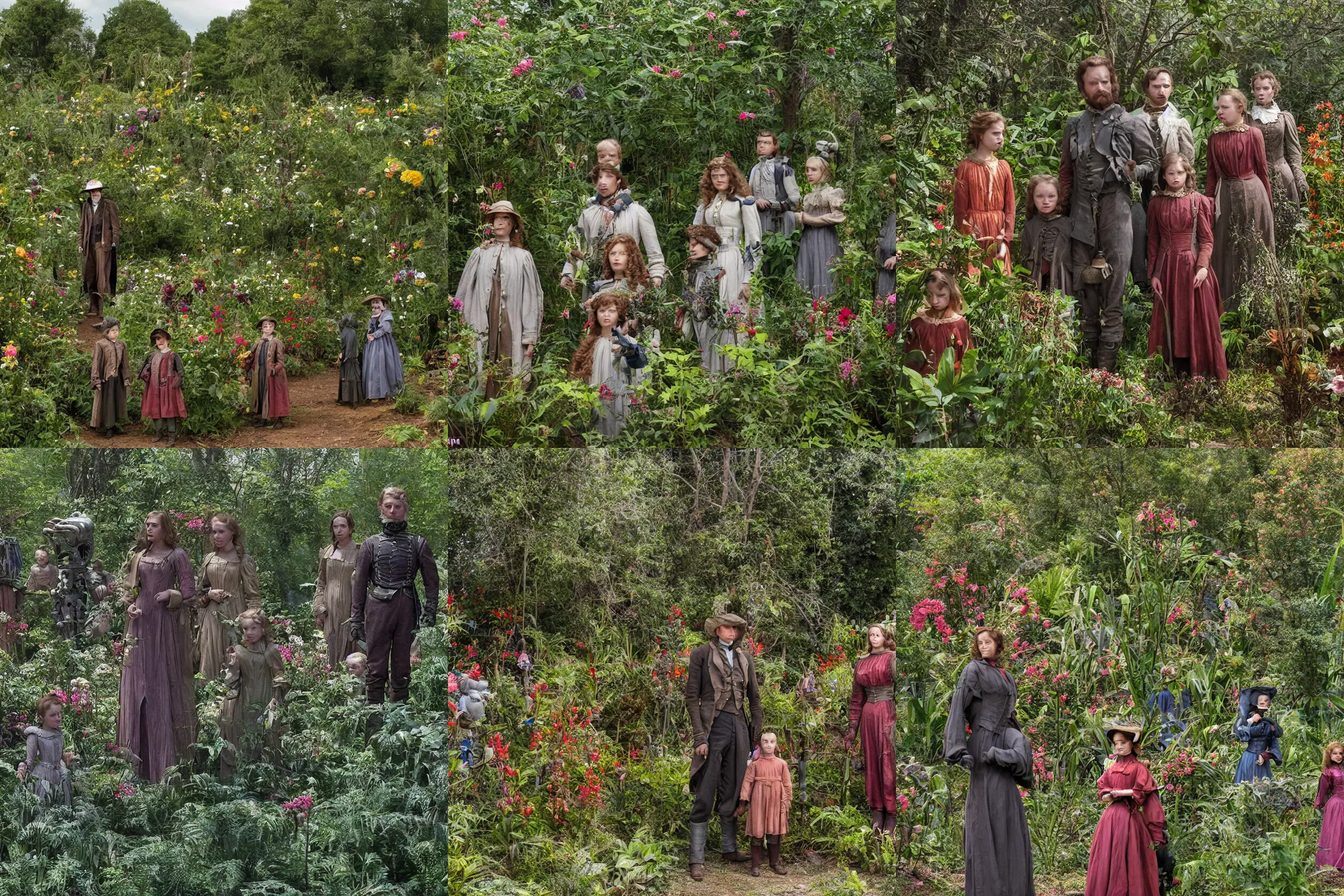Prompt: sharp, highly detailed, 43456k film, 161800mm film still from a sci fi blockbuster color movie made in 2019, set in 1860, of a family standing in a park, next to some strange alien plants and flowers, on an alien planet, the family are all wearing 1860s era clothes, good lighting, good photography, ultra high definition, in focus, 35mm macro lens