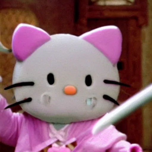 Prompt: gandalf wearing a Hello Kitty costume, movie still from the lord of the rings