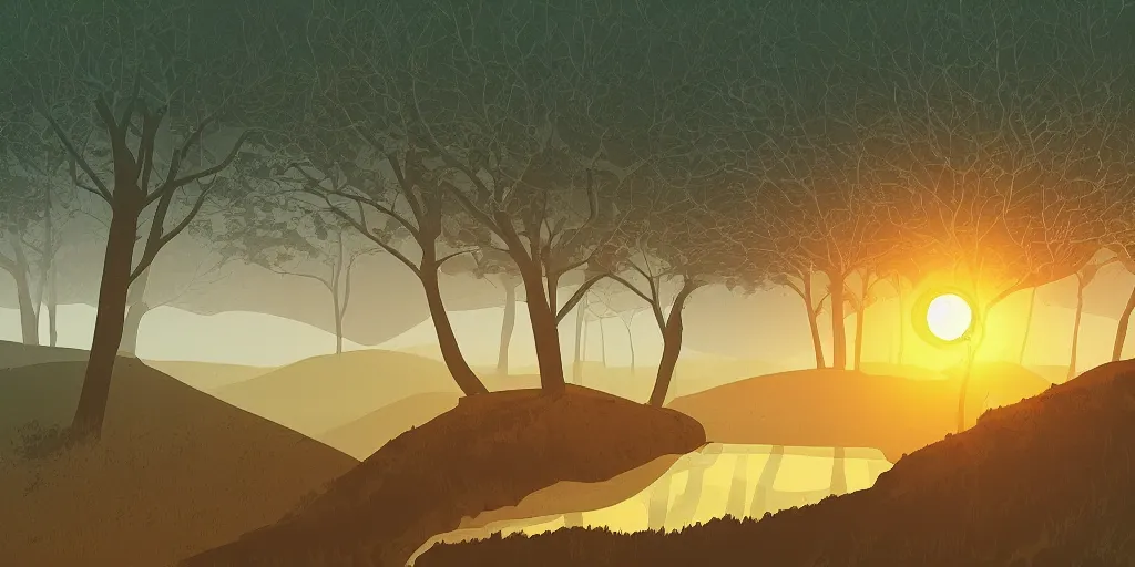 Image similar to a minimalist picture of a beautiful landscape, trees, stream, sunset, mountains, vector art, by petros afshar