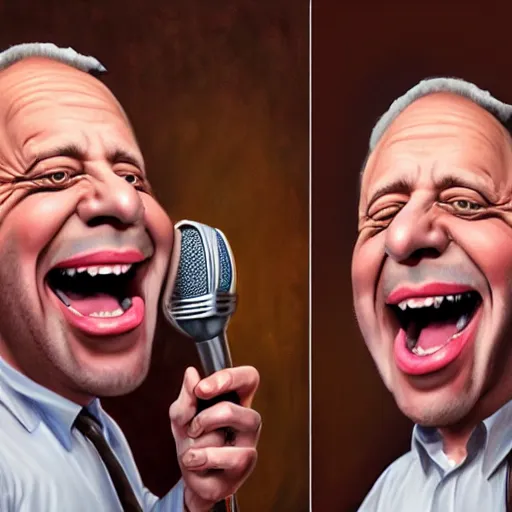 Image similar to Caricature portraits done of Gene Ween singing live on stage, realistic, hyperrealistic, very realistic, highly detailed, very detailed, extremely detailed, detailed, oil painting, digital art, trending on artstation