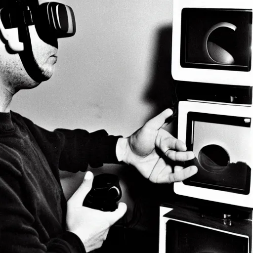 Prompt: a black and white polaroid of a man using virtual reality in the 60s