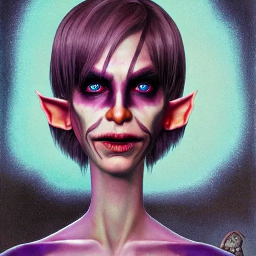 Image similar to a frightening, beautiful elf with violet skin, a scarred face, a bob haircut, and bushy eyebrows, smirking, in the style of jason edmiston