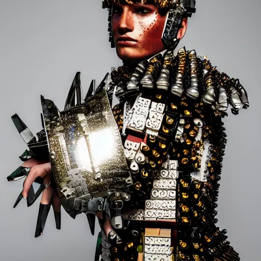 Image similar to a portrait of a beautiful young male wearing an alexander mcqueen armor made of legos , photographed by andrew thomas huang, artistic