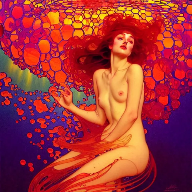 Image similar to mind bending sapphire ocean waves of glossy psychedelic liquid honey drops flowing like kaleidoscopic translucent amber, lsd waves, psychedelic ripples, crystal clear, backlit, sunset, refracted lighting, art by collier, albert aublet, krenz cushart, artem demura, alphonse mucha