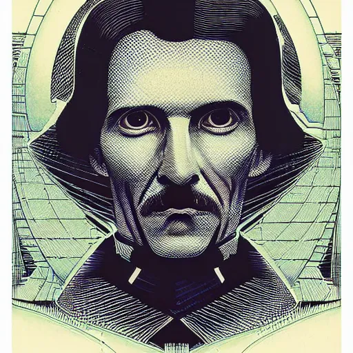 Image similar to portrait of nikola tesla, symmetrical, by yoichi hatakenaka, masamune shirow, josan gonzales and dan mumford, ayami kojima, takato yamamoto, barclay shaw, karol bak, yukito kishiro