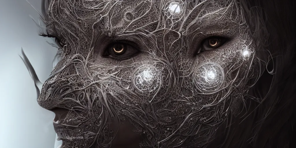 Image similar to ! dream hyperrealistic photography of a female cyborg humanoid, glowing eyes, holding, grasping, highly detailed intricate filigree, in the style of beth cavener, jin kagetsu, wlop,, symmetry, masterpiece, concept art, highkey lighting, ambient lighting, hard key light, octane render, 8 k, artstation