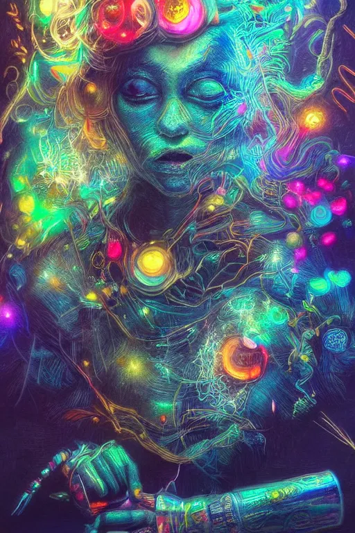 Prompt: electric fantasy, intricate painting by frank wu and peter lloyd, trending on artstation, rembrandt lighting front view iridescent colors, chalk art, macro, magic realism, manierism