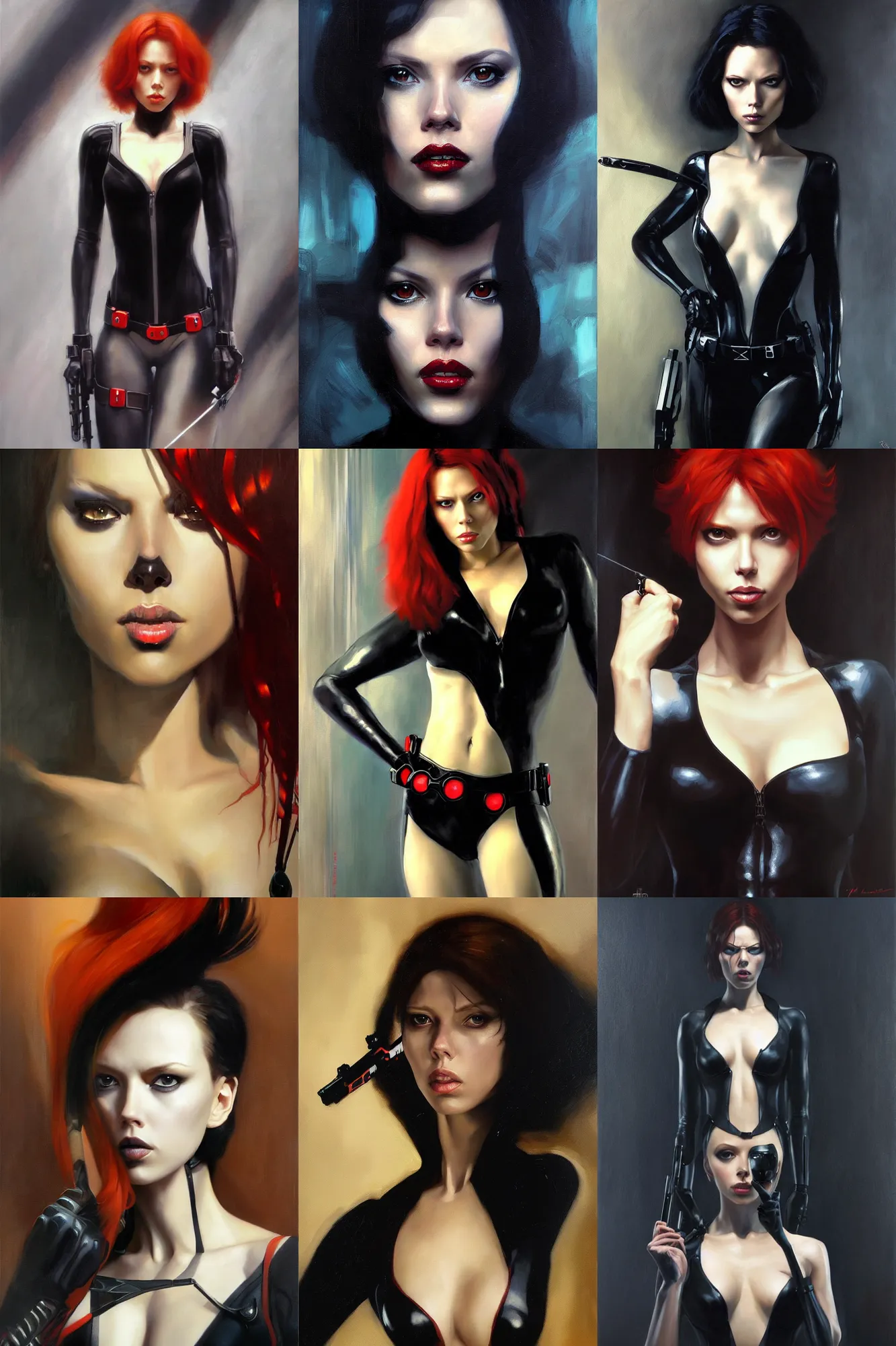 Prompt: very beautiful oil painting of black widow as aeon flux by peter chung + loish + rembrandt + anne leibovitz + craig mullins + margaret keane, detailed,
