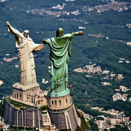 Prompt: Liberty statue fights Christ the Redeemer