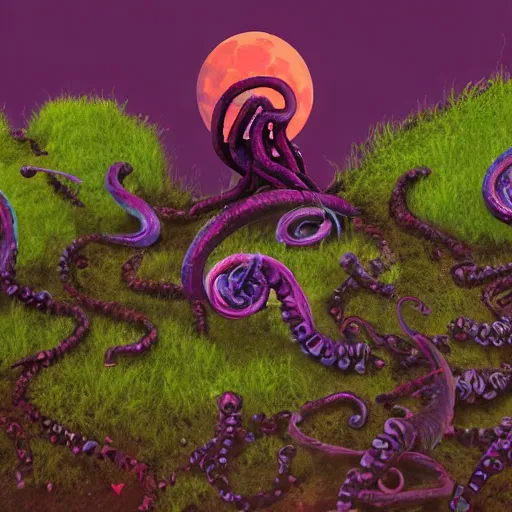 Image similar to voidless of the festival!, The Graveyard, blood moon tentacles!!, outsider art!!!, The ego separates by Wojciech Siudmak!!!!, large group of crabs and worms, crawling along a bed of moss, low poly, creeper world, handcrafted, artstation, hyperrealistic, hard light, best practices, creeptastic, photorealism, macro perspective, cuddly