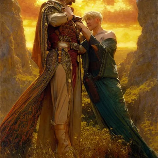 Image similar to stunning arthur pendragon in love with stunning male merlin the mage. they are close to each other. highly detailed painting by gaston bussiere, craig mullins, j. c. leyendecker