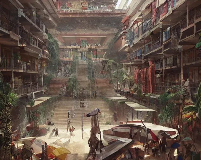 Prompt: a mall in the style of precolombian mayan cities, art by greg rutkowski and artgerma, stunning concept art, interior design architecture