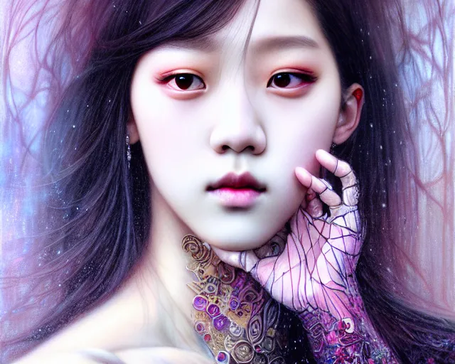 Image similar to jisoo from blackpink, portrait, tarot card, hyperrealistic, highly detailed, deep focus, intricate, elegant, digital painting, smooth, sharp focus, illustration, ultra realistic, 8 k, art by karol bak and agnes cecile