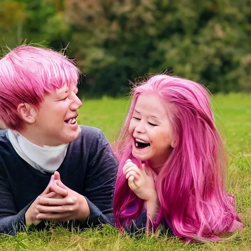 Prompt: a girl and a boy with pink hair sitting on a blanket and laughing at something, each staring into the others’ eyes.