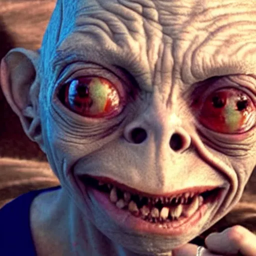 Image similar to gollum with cigarette selfie