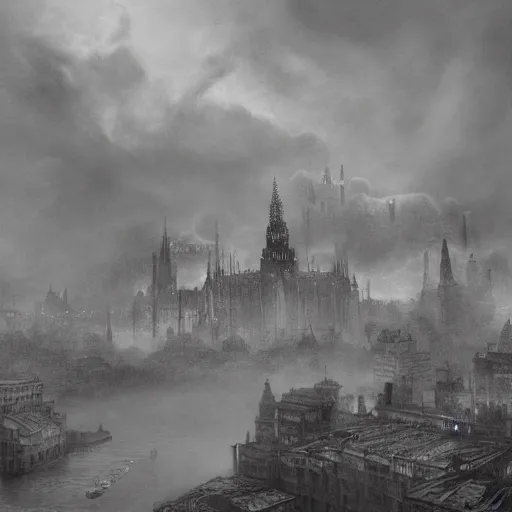 Image similar to dieselpunk city pollution river fog hanging wires cathedral in the style of gustave dore photograph color dreamlike hatching high detailed perspective wide angle