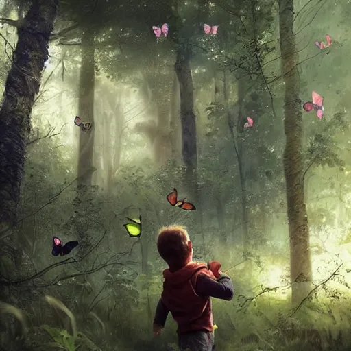 Prompt: incredible And fantastic android boy trying to touch a butterfly in the forest and the animals around him surround him, with a beautiful aura in the atmosphere, hyper realistic with many details, Greg rutkowski, Trending artstation, cinematographic
