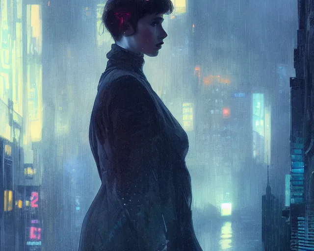 Image similar to 2 0 1 8 blade runner movie still girl look at the cityscape from roof perfect face fine realistic face pretty face neon puffy jacket blue futuristic sci - fi elegant by denis villeneuve tom anders zorn hans dragan bibin thoma greg rutkowski ismail inceoglu illustrated sand storm alphonse mucha