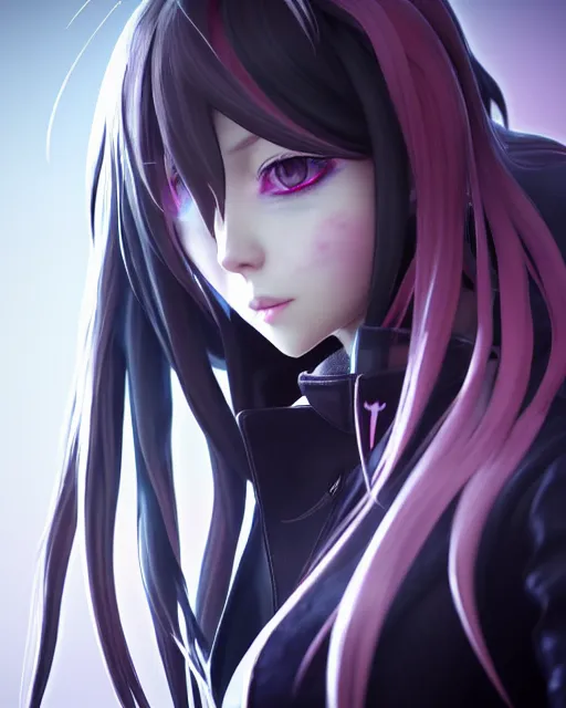 Prompt: beautiful portrait of a woman with pastel long hair with her eyes closed facing the camera with headphones on in the style of a code vein character, momo from twice in code vein in the style of WLOP, artgerm, yasutomo oka, rendered in unreal engine and redshift octane , dynamic dramatic lighting, soft lighting, imagine fx, artstation, cgsociety, by Bandai Namco artist, background is surrounded by epic neon glitch effect digital art