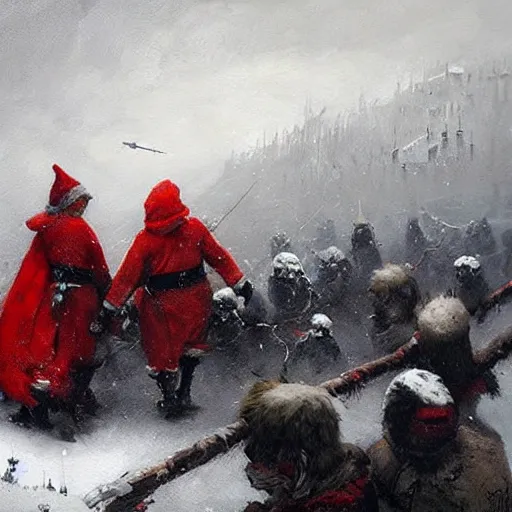 Image similar to the santa wars, painting by jakub rozalski,