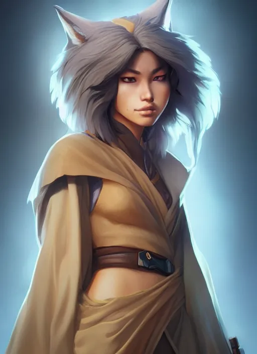 Image similar to beautiful portrait of a female anthro coyote wearing jedi robes. character design by charlie bowater, ross tran, artgerm, and makoto shinkai, detailed, soft lighting, rendered in octane