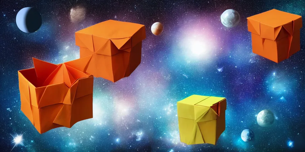 Image similar to origami boxes bigger on the inside. background outer space. photorealistic