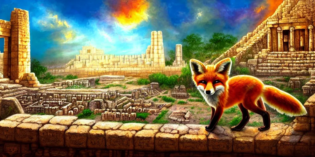 Image similar to illusion painting hidden temple : an adorable small fox in the huge ruins of the second temple in jerusalem in the distance. the third temple hovers quietly hiding in the dreamy clouds above. a hooded bearded old man in a brown tunic laughing, colorful 8 k, art station, intricate superb details, digital art, illusion painting hidden image.