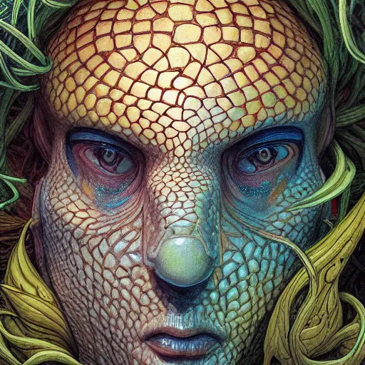 Prompt: fungus labyrinth mohawk scales manifestor portrait by gaston bussierre and charles vess and james jean and erik jones and rhads, inspired by rick and morty, epic, funny, huge scale, beautiful fine face features, intricate high details, sharp, ultradetailed