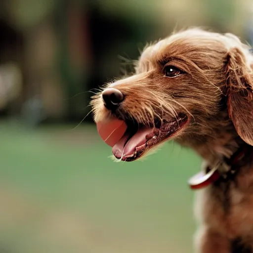 Prompt: closeup portrait of a small light brown furry dog with tongue licking its nose, natural light, sharp, detailed face, magazine, press, photo, Steve McCurry, David Lazar, Canon, Nikon, focus