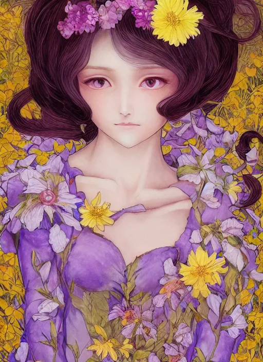 Image similar to elf girl wearing an flower suit, soft hair. light color palate, purple, yellow and white. detailed soft painting, ayami kojima, made in abyss, anatomically correct, ilya kuvshinov, inspired in balthus, high detailed face anime, vogue magazine, glorious composition, mobile wallpaper, mona lisa