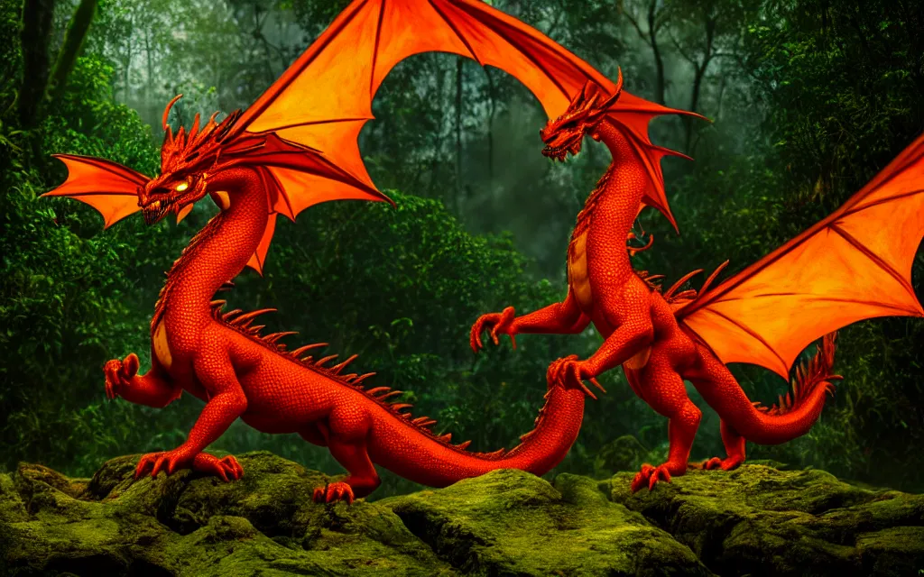 Prompt: handsome fire dragon in Amazon rainforest, background focus, fantasy, magic, realistic textured skin, 8K