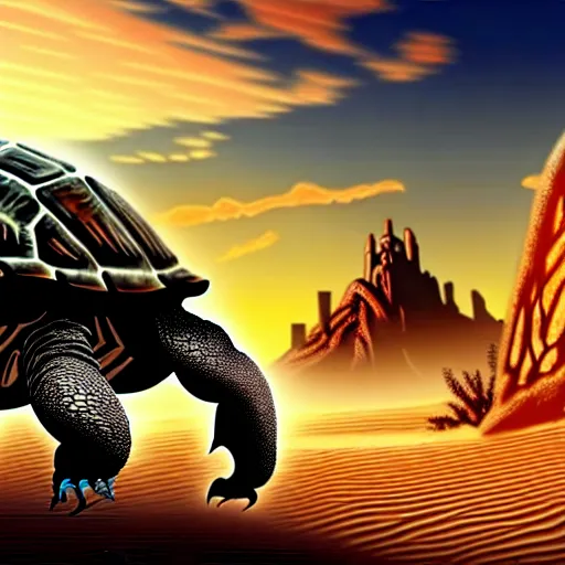 Image similar to Large Fantasy Cityscape located on the back of a Giant tortoise stomping through the hot sunny desert, High detail, Dungeons and Dragons 4k